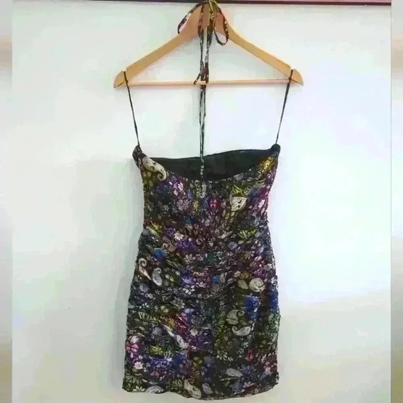 ZARA | Women's Black w/ Multicolor Floral Draped Halter Mini Dress - Picture 3 of 5
